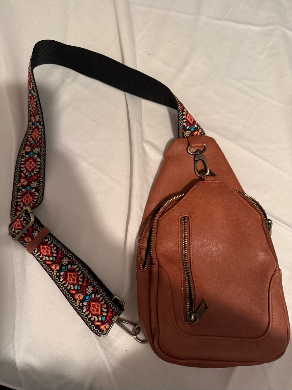 Brown Leather Crossbody Sling Bag with Embroidered Strap